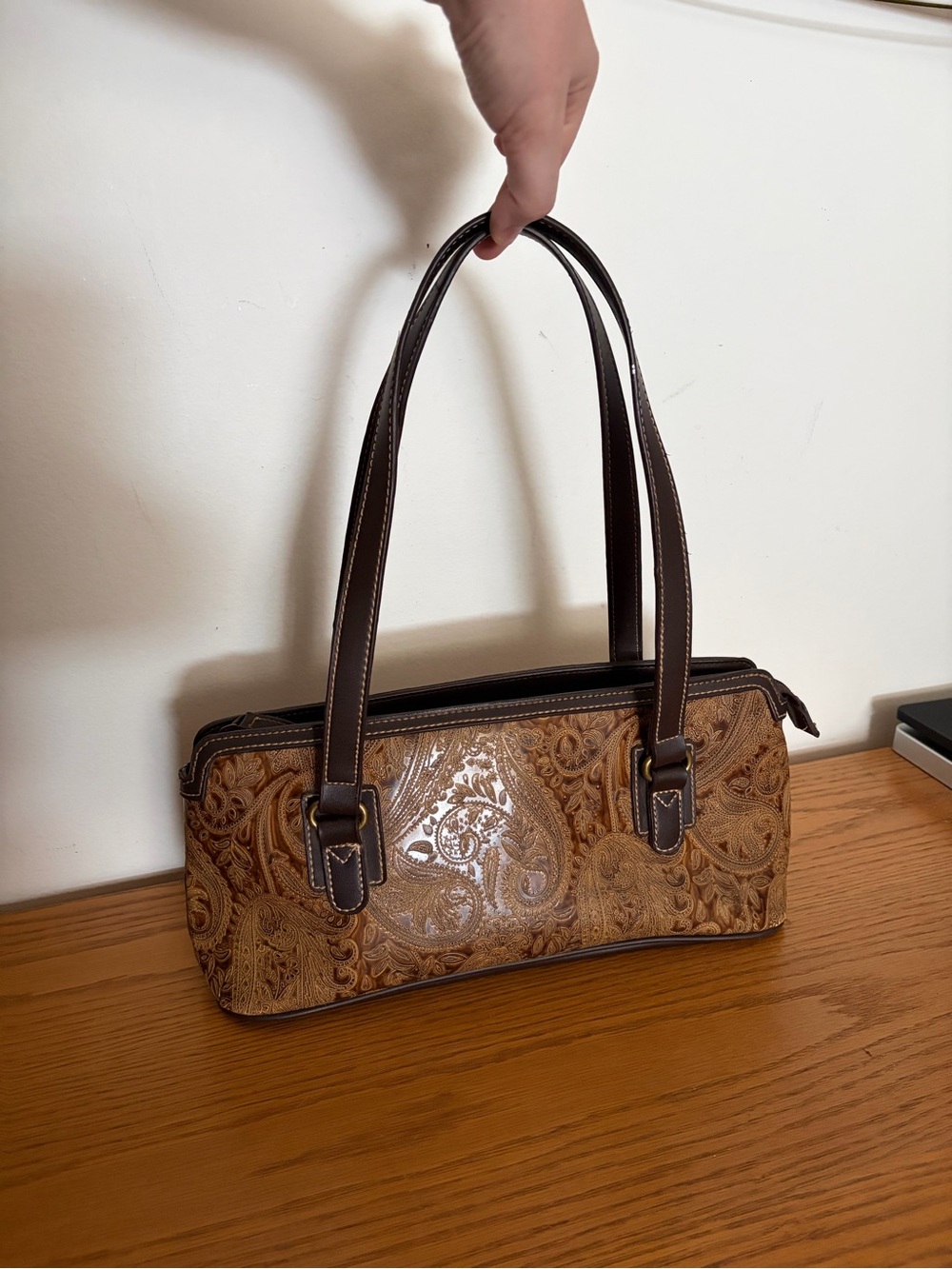 Tapestry Embossed Brown Faux Vinyl Leather Baguette Shoulder Bag